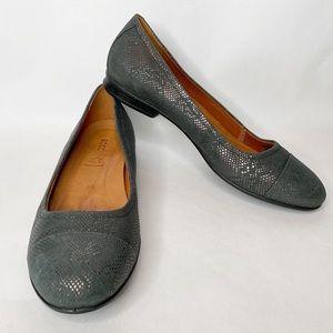 Ecco Dark Shadow Leather Metallic Snakeskin Print Cap Toe Ballet Flats